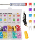 Heavy Duty Auto Blade Fuse Assortment Kit with Reliable Voltage Tester, 120 fuses in various colors and sizes.