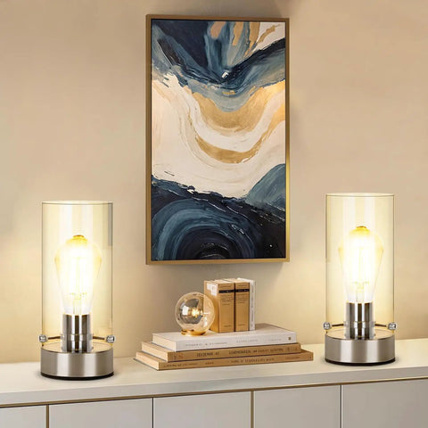Pair of Sleek Dope Touch Control Bedside Lamp with 3 Way Dimmable Brightness showcasing round glass shades on modern console.
