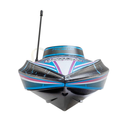 Front view of Recoil 2 18 Inch Brushless Shreddy RTR with Water-Cooled Motor and ESC Self-Righting Deep-V Hull in vibrant livery.