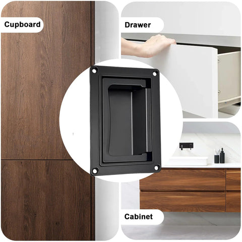 Recessed Door Pull Handles Set Of 2 In Black Zinc Alloy Folding Flush Lift Ring Design for furniture, cabinets, and drawers installation.