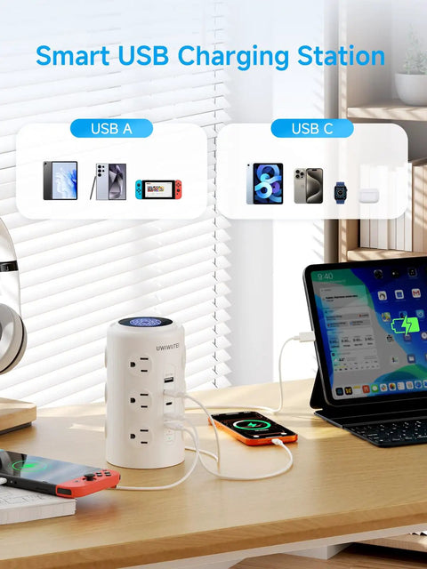 Tower Power Strip With 20W USB-C PD Fast Charging, 12 Outlets, 5 USB Ports Including 3 USB-C in use on a desk with devices