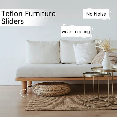 Living room scene with sofa using 12 Pack 2 Inch Teflon Furniture Glide Pads Self Stick Sliders For Carpet Tile Hardwood Floors Ground Protector Round Shape Move Heavy Furniture With Ease Keeps Floors Scratch Free.