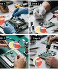 Soldering Flux Paste Set Lead Free No Clean Rosin Flux 3 Pack 32g being used in electronics soldering steps on PCB board.