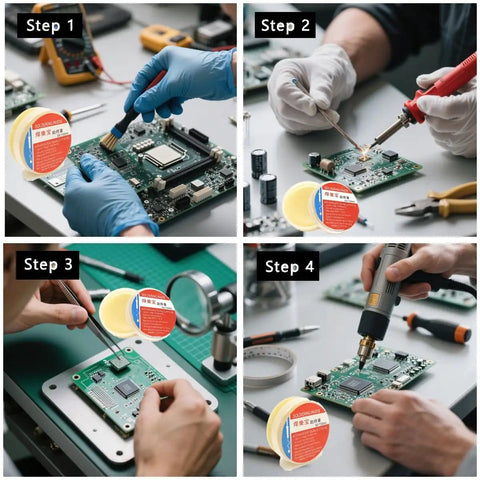 Soldering Flux Paste Set Lead Free No Clean Rosin Flux 3 Pack 32g being used in electronics soldering steps on PCB board.