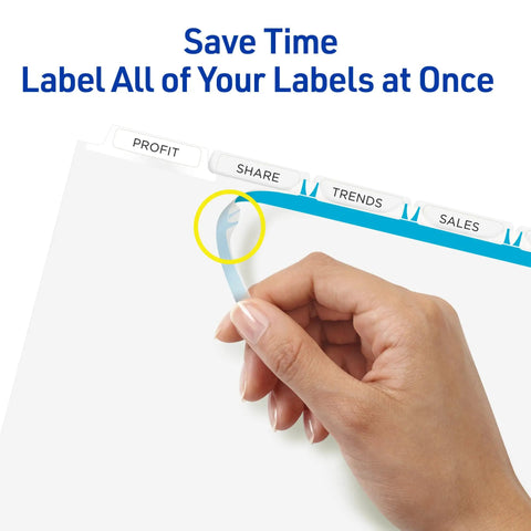 Close-up of hand applying label to 5 Tab Unpunched Dividers For Any Binding System With Easy Print And Apply Clear Label Strips