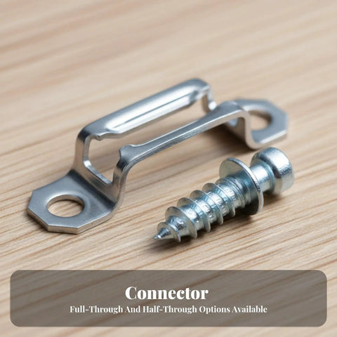 Heavy Duty Invisible Furniture Connectors For Cabinet Assembly And DIY Woodworking 100 Pcs Silver Hidden Joint Clamps close-up of steel connector and screw.