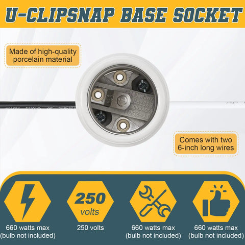 Four Pack Medium Base E26 Ceramic Screw In Lighting Socket With White Decor Ring And Six Inch Pre Wired Lead For Led And Halogen Bulbs Hella Reliable With No Drama Setup, close-up view of socket.