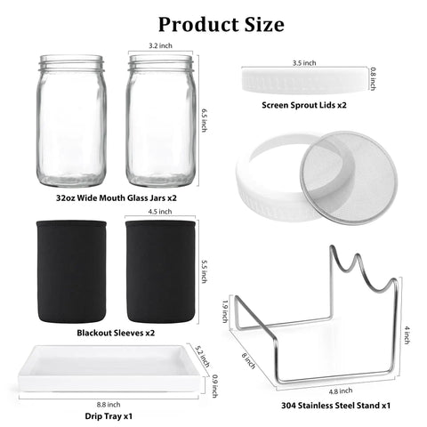 Diagram showing components of the Two Pack 32 Oz Wide Mouth Sprouting Jars Kit With Stainless Steel Sprouter Lids Stand Blackout Sleeves And Drain Tray For Growing Broccoli Alfalfa And Bean Microgreens At Home In Your Kitchen.