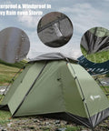 2 Person Ultralight Backpacking Tent For Camping With Waterproof Windproof Build Two Doors Easy Quick Setup Lightweight Instant Tent For 3 Season Outdoor Hiking And Backcountry Trips shown in a mountain setting highlighting waterproof fabric close-ups.