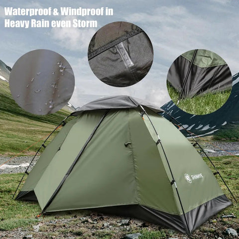 2 Person Ultralight Backpacking Tent For Camping With Waterproof Windproof Build Two Doors Easy Quick Setup Lightweight Instant Tent For 3 Season Outdoor Hiking And Backcountry Trips shown in a mountain setting highlighting waterproof fabric close-ups.
