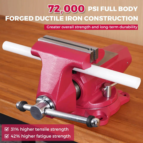 Round Bench Vise Four Inch Heavy Duty With 360 Degree Swivel Base And Four Inch Jaw Width, Ductile Iron on workbench.
