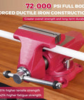 Heavy Duty 6 Inch Bench Vise With Thick Steel Anvil And 360 Degree Swivel Base Built Like A Tank From High Strength Ductile Iron on wooden surface.