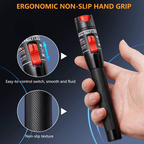 Trileria visual fault locator fiber optic tester handheld with red switch and knurled black grip