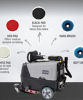 Battery Powered Walk Behind Floor And Carpet Scrubber Buffer Polisher With 16 Inch Brush And 21.5 Inch Squeegee 6.5 Gallon Tank 200 Rpm showing cleaning pads and brushes.