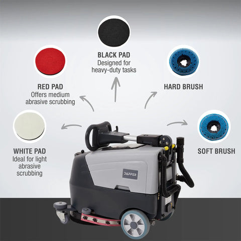 Battery Powered Walk Behind Floor And Carpet Scrubber Buffer Polisher With 16 Inch Brush And 21.5 Inch Squeegee 6.5 Gallon Tank 200 Rpm showing cleaning pads and brushes.