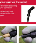 Close-up of three nozzles for Dual Tank Backpack Sprayer With Separate Water And Chemical Tanks 4 Gallon Capacity Pro Grade Lawn And Garden Sprayer.