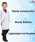 Child wearing Kids Doctor Lab Coat Costume For Unisex Dress Up Play with realistic design and side slits, size US Small 4-6.
