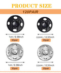 120 Set Sew-On Metal Snap Buttons Pack With 8mm And 10mm Sizes In Black And Silver, product size details with pairs count