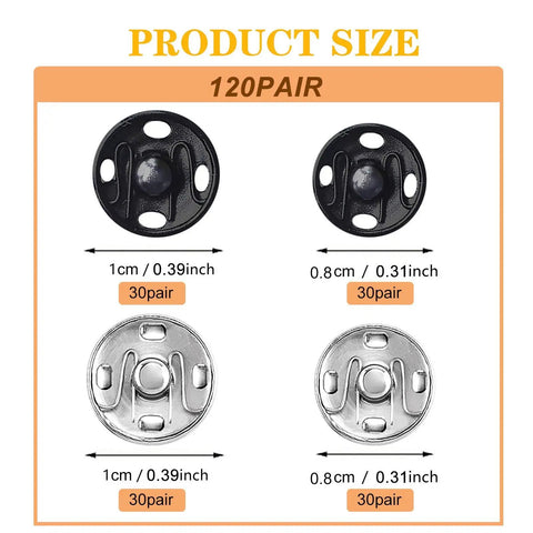 120 Set Sew-On Metal Snap Buttons Pack With 8mm And 10mm Sizes In Black And Silver, product size details with pairs count