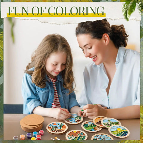 Mother and daughter painting 12 Pcs Wooden Coasters Craft Kit Paint Your Own Coaster Set With Landscape Prints For Adults And Beginners Diy Coaster Kit Mandala Art Supplies With Cork Pads Acrylic Paint 12 Colors 2 Brushes And Palette