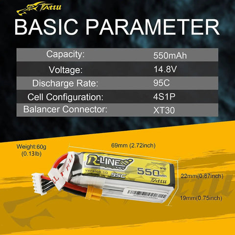 R Line 550mAh 4S 14.8V 95C Lipo Battery Pack With XT30 Plug for FPV Racing Quad Copter dimensions and features