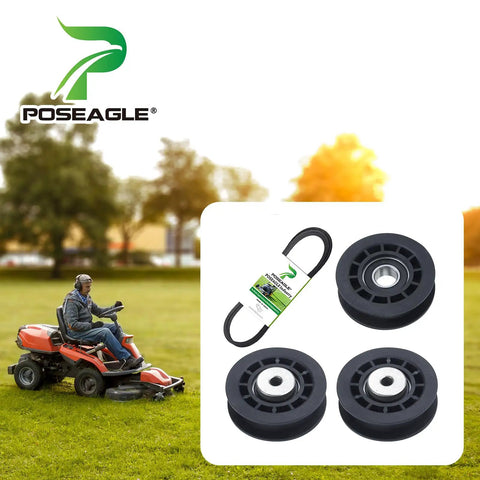 2 Pack Idler Pulley and Belt Kit for LC221A Series 3 Eighths Inch Width, 64 Inch Length With Replacement Pulleys shown in garden