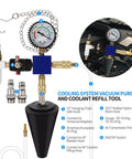 Front view of VTG VOGTEN 25-piece coolant pressure tester kit with gauge, hoses and brass adapters