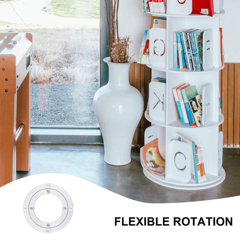 Top Shelf Aluminum Alloy 4 Pack Lazy Susan Turntables With Breezy 360 Spin Action For Kitchen Cabinets Countertops And Dining Tables Straight Up Hassle Free Organizer Hardware in a home setting, featuring vertical book storage.