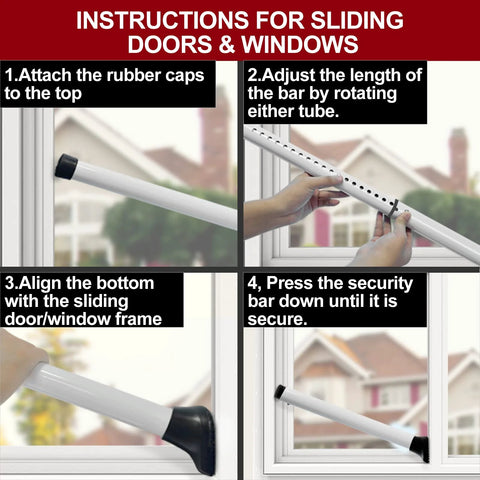 AceMining white adjustable door security bar for sliding doors/windows with rubber end caps; shown installed.