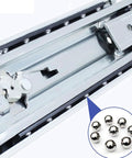 Built Tough Three Fold Full Extension Drawer Slides With Lock Mechanism One Pair Heavy Duty Cabinet Hardware showing steel slides and ball bearings.
