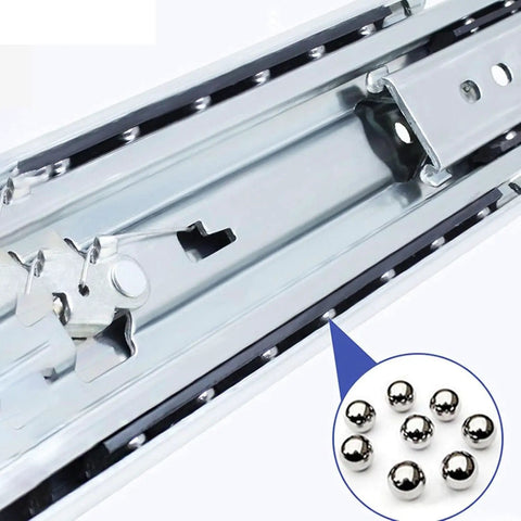 Built Tough Three Fold Full Extension Drawer Slides With Lock Mechanism One Pair Heavy Duty Cabinet Hardware showing steel slides and ball bearings.