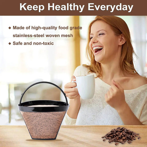 Woman with coffee and Reusable Cone Coffee Filters Size 04, 2 Pack Gold Tone Permanent Filter Basket next to coffee beans.