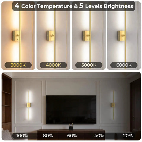 Keep Your Home Lit Tonight With These Rechargeable Wall Sconces Set Of Two Packed With A Solid 10000mAh Battery For Nonstop Glow And Dimmable 4Cct Tones To Match Any Room Vibe In Sleek Gold Finish, showcasing 4 color temperatures and brightness levels.