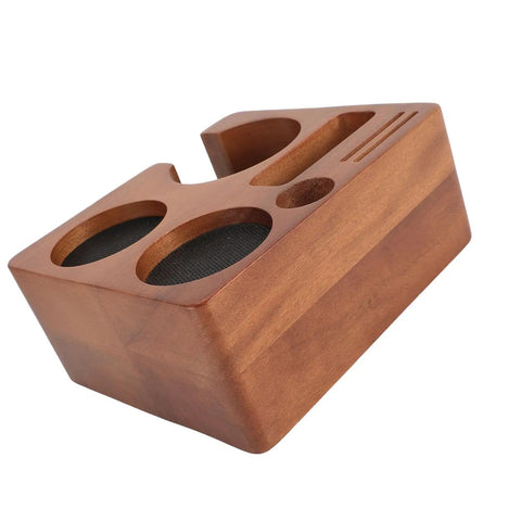 Solid Built 58mm Wooden Coffee Tamper Station With Adjustable Portafilter Holder And Catch Pan, walnut wood, countertop organizer.