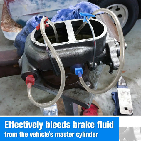 Master Cylinder Bleeder Kit Replacement For 13911 With 22 Inch Clear Hose Clips SAE And Metric Fittings in use on master cylinder