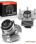 Rear Wheel Bearing And Hub Assembly Set With ABS For Toyota Corolla Matrix Prius Vibe 2003 To 2008 2004 To 2009 Five Lug Pattern FWD Only 4 Wheel ABS Ready To Roll Kit shown in packaging and out with 5-lug design.