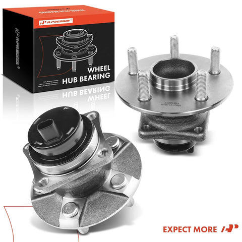 Rear Wheel Bearing And Hub Assembly Set With ABS For Toyota Corolla Matrix Prius Vibe 2003 To 2008 2004 To 2009 Five Lug Pattern FWD Only 4 Wheel ABS Ready To Roll Kit shown in packaging and out with 5-lug design.