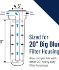 Diagram illustrating Big Blue Carbon Water Filter For Whole House 20 Inch Non Cellulose Carbon Impregnated Pleated Cartridge 20x4.5 10 Micron Heavy Duty Filtration.