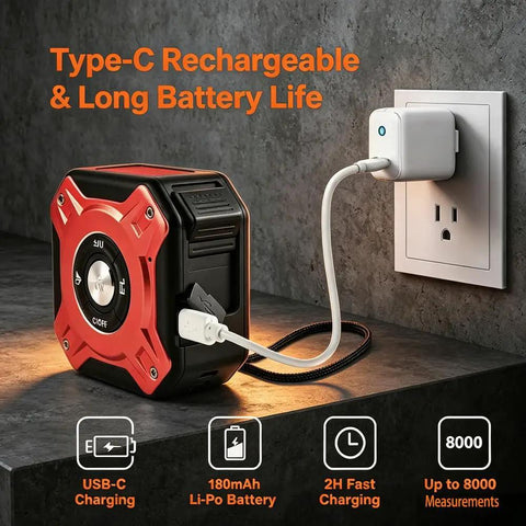 Laser Tape Measure 2-in-1,131ft/40m Laser Distance Meter&16ft/5m Tape Measure,USB-C Rechargeable charging at a wall outlet.