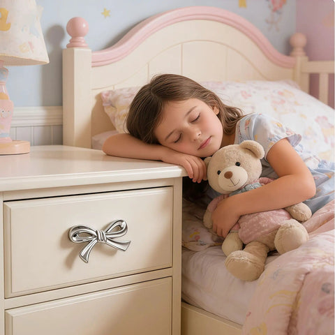 Pink And Silver Bow Dresser Knobs For Kids Rooms on drawer, girl asleep with teddy in nursery setting
