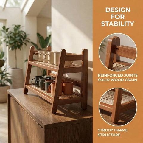 Two Tier Bamboo Coffee Station Organizer For Mugs And Cups, Space Saving Countertop Rack, Dark Gray Finish, kitchen decor.