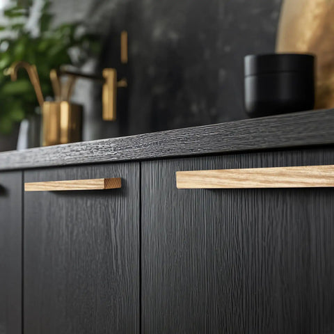 Two Pack Beech Wood Cabinet Handles for Cabinet Cupboard Door Drawer Dresser Solid Wood Pulls with Natural Wood Grain 192mm shown on dark cabinet