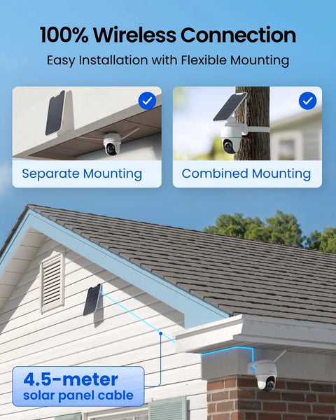 4K Solar Security Cam With 360 Degree Pan Tilt And Auto Tracking, Wire Free Outdoor Cam With 8MP Color Night Vision on roof