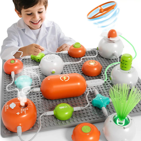 Child playing with Science Experiment Kit For Kids Ages Five To Twelve With Circuit Building Projects Including Microphone Speaker Module RGB Light Module And Powered Host 108 Hands On Electronics And STEM Experiments Educational Gift Toy