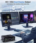Built Tough Industrial Mini Computers Featuring Rock Solid Core I7 Processing And Win 11 Upgrades Delivering Kickass Performance For Demanding Business Environments Equipped With 16gb Ram And 256gb Ssd Dual monitor setup with HD and VGA outputs.
