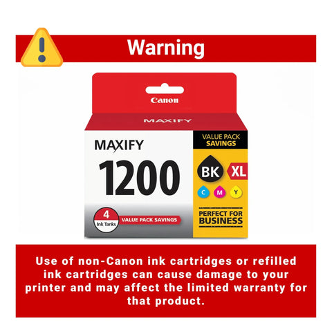 PGI-1200XL Four Color Ink Value Pack for MAXIFY printers box with warning label about using non-Canon ink cartridges.
