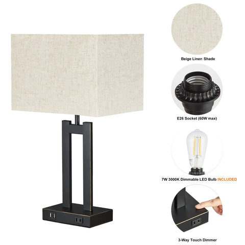 Table Lamps Set Of 2 With USB Charging Ports And AC Outlet, 3 Way Dimmable Touch Control Nightstand Lamps, Beige Linen Shade, LED Bulb Included