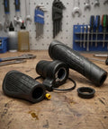 Upgrade Your E-Bike Ride With This 20X Half Turn Throttle Grip Featuring Cool M8 Head Design And Slick Anti-Slip Texture For Nail-It Precision Control Smooth Power Delivery Guaranteed. black e-bike throttle grips on workbench