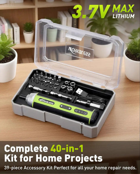 Cordless 3.7V Screwdriver Set With Three Torque Settings 300 RPM 5 Nm Max Torque LED Light USB C Charging Cable And 26 Piece Accessory Kit displayed in open case on table.