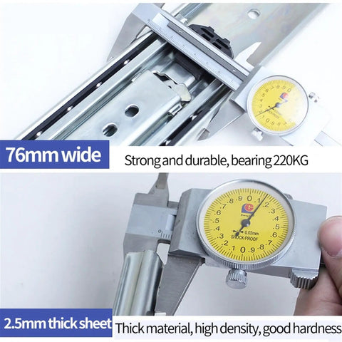 Heavy Duty Full Extension Drawer Slides With Lock 40 Inch 1 Pair Detachable Quick Release Latches shown measuring thickness